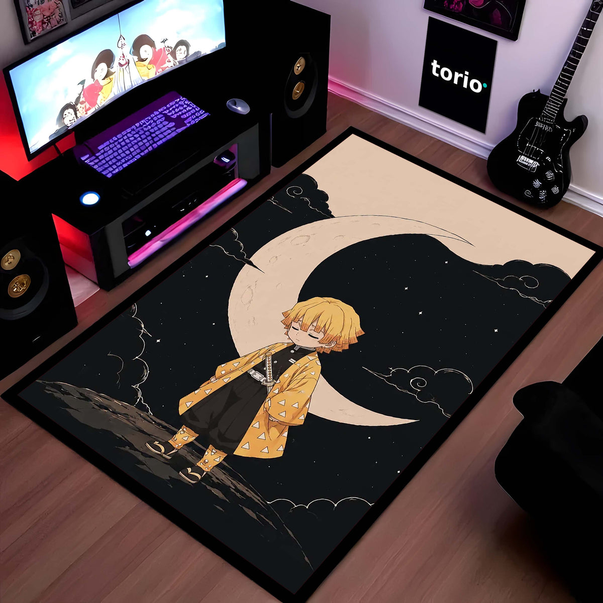 Zenitsu Agatsuma Demon Slayer Area Flat Rug | Thunder Hashira Style Moonlit Anime Area Flat Rug | Premium Anime Bedroom & Gaming Room Floor Decor