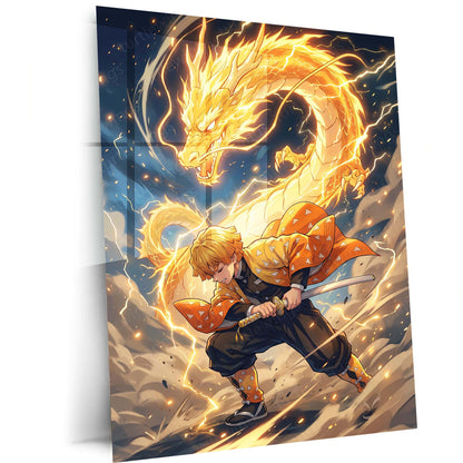 Anime Metal Poster | Zenitsu Agatsuma Thunder Dragon Metal Poster | Demon Slayer Anime Wall Art | Premium Aluminum Print