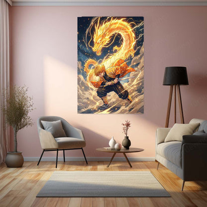 Anime Metal Poster | Zenitsu Agatsuma Thunder Dragon Metal Poster | Demon Slayer Anime Wall Art | Premium Aluminum Print
