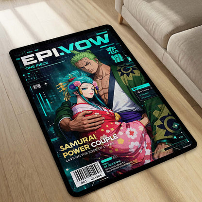 Anime Couple Area Flat Rug | Samurai Power Couple Floor Mat | Aesthetic Anime Carpet for Bedroom, Gaming Setup, Living Room Decor | Non-Slip Washable 3 mm Flat Rug India