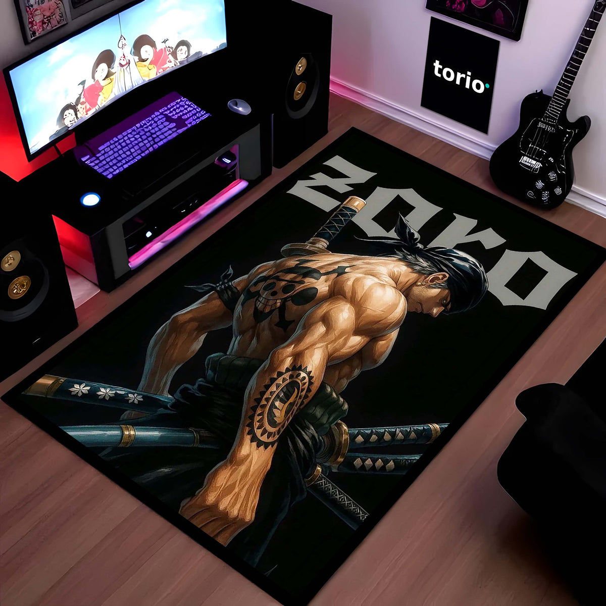 Roronoa Zoro "One Piece" Anime Area Flat Rug | Samurai Swordsman Floor Mat | Iconic Pirate Hunter Decor for Gaming Room, Bedroom & Anime Fan Collection