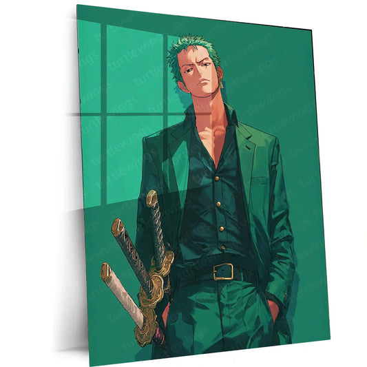 Anime Metal Poster | Roronoa Zoro – Swordmaster Metal Poster | One Piece Anime Wall Frame | Three-Sword Style Art 01 - TURTLEWINGS