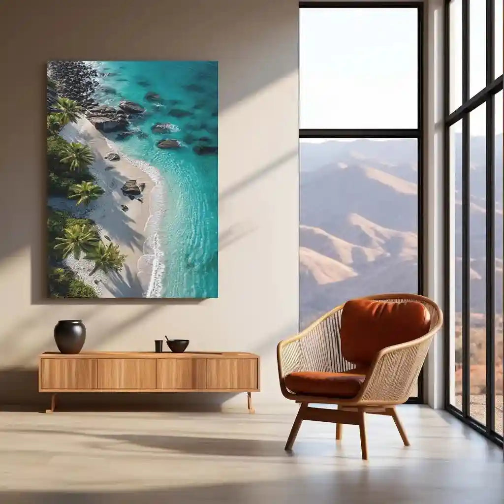 Nature with Beach Metal Poster | Tranquil Coastal Wall Art | Ocean & Palm Tree Decor - TURTLEWINGS