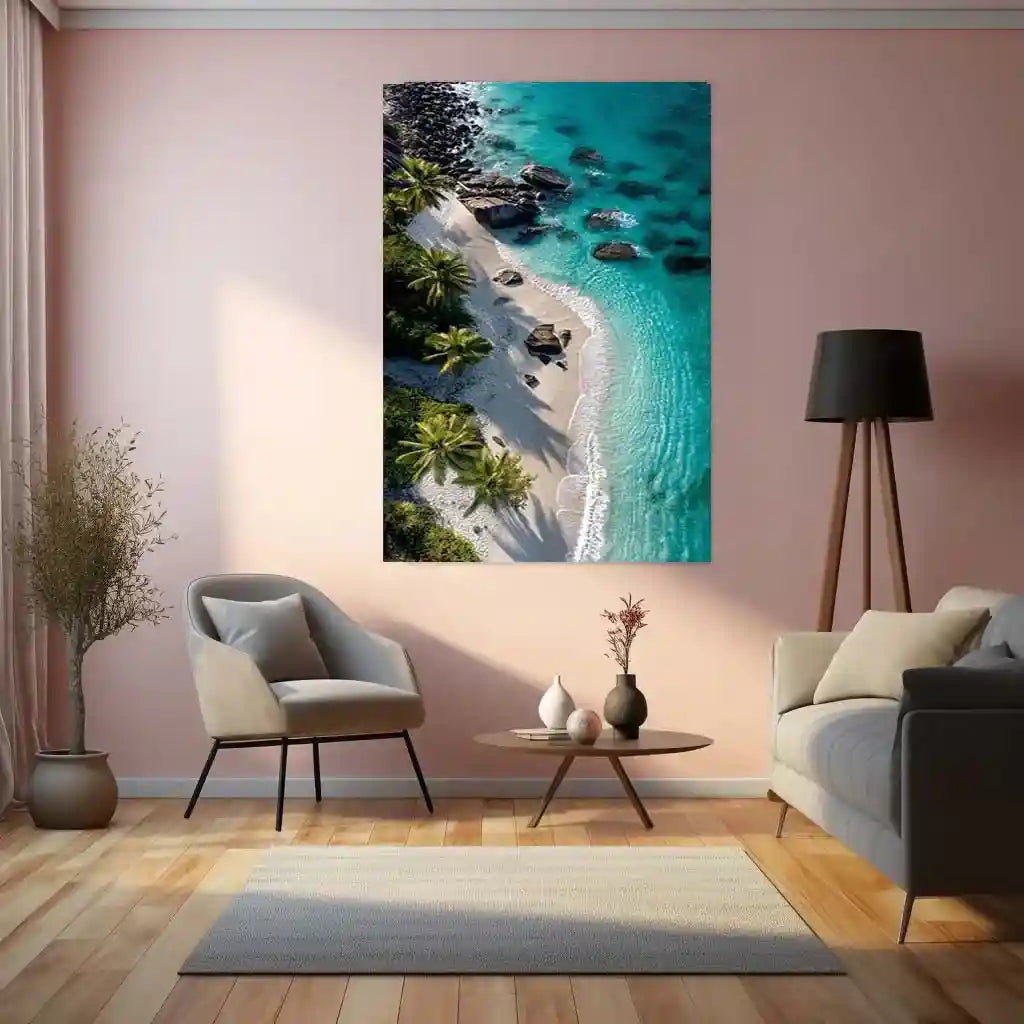 Nature with Beach Metal Poster | Tranquil Coastal Wall Art | Ocean & Palm Tree Decor - TURTLEWINGS