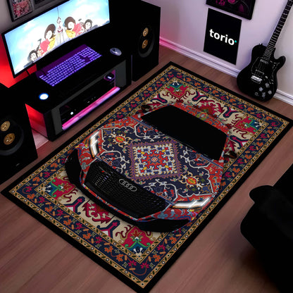 Audi RS7 Front View Floor Mat | Persian Pattern Luxury Sports Sedan Flat Rug | Anti-Slip 3mm Absorbent Automotive Design Mat for Home, Office & Studio