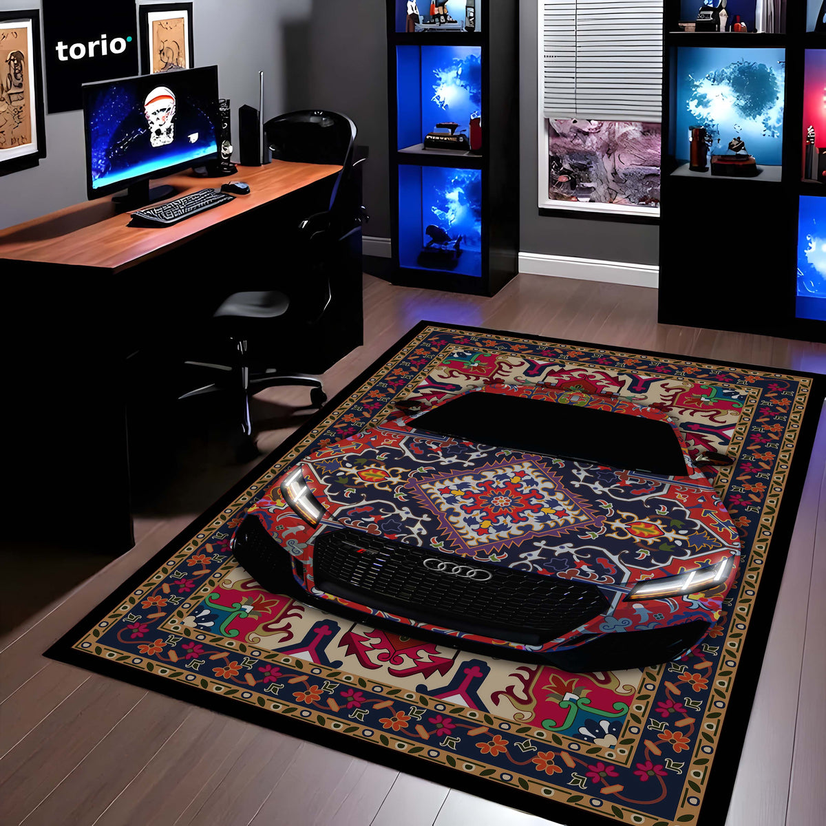 Audi RS7 Front View Floor Mat | Persian Pattern Luxury Sports Sedan Flat Rug | Anti-Slip 3mm Absorbent Automotive Design Mat for Home, Office & Studio