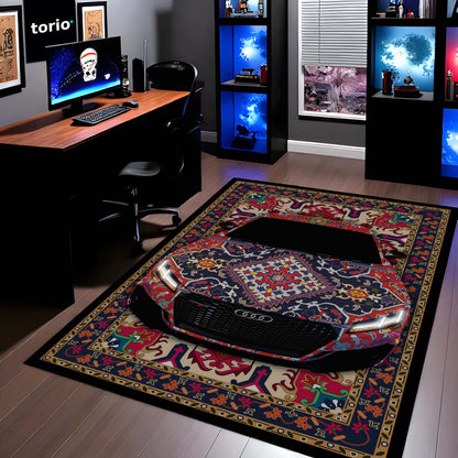 Audi RS7 Front View Floor Mat | Persian Pattern Luxury Sports Sedan Flat Rug | Anti-Slip 3mm Absorbent Automotive Design Mat for Home, Office & Studio