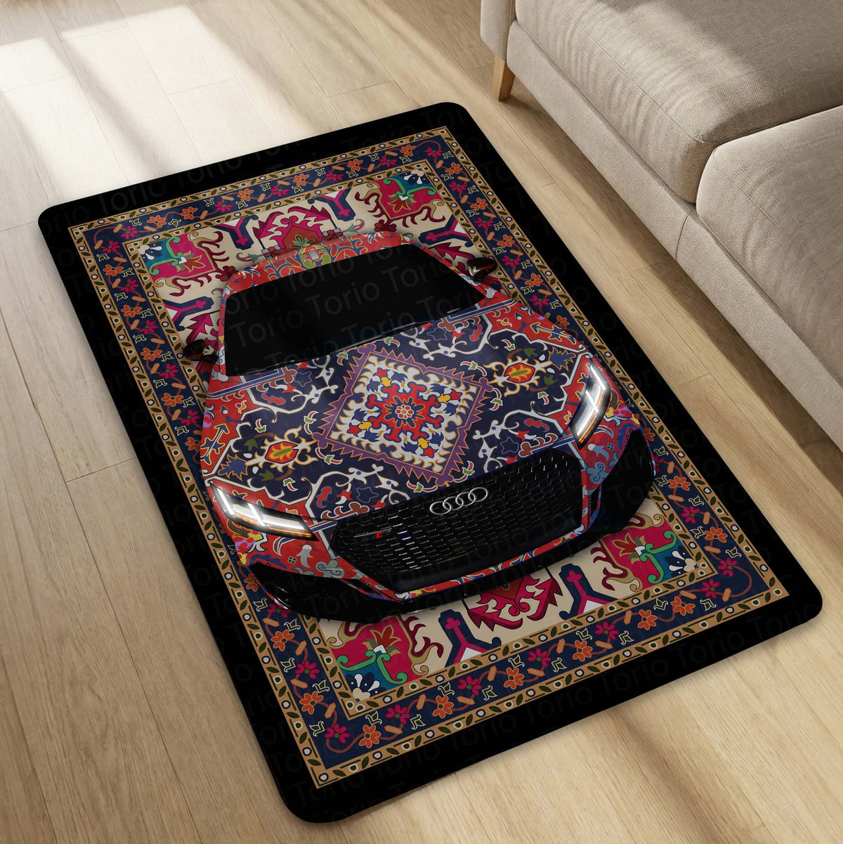 Audi RS7 Front View Floor Mat | Persian Pattern Luxury Sports Sedan Flat Rug | Anti-Slip 3mm Absorbent Automotive Design Mat for Home, Office & Studio