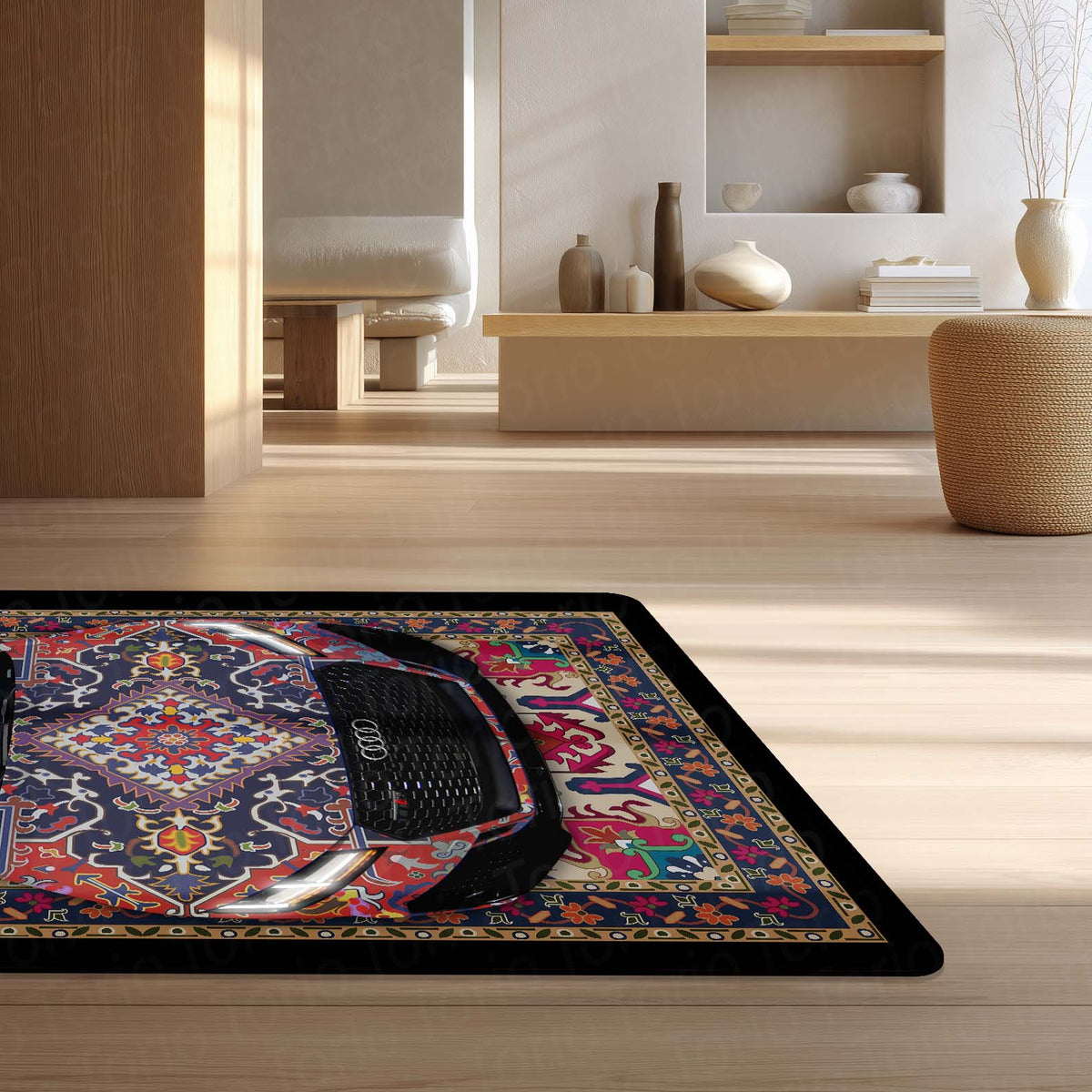 Audi RS7 Front View Floor Mat | Persian Pattern Luxury Sports Sedan Flat Rug | Anti-Slip 3mm Absorbent Automotive Design Mat for Home, Office & Studio