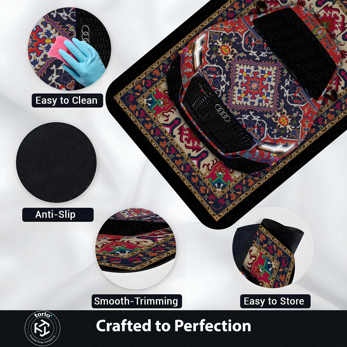 Audi RS7 Front View Floor Mat | Persian Pattern Luxury Sports Sedan Flat Rug | Anti-Slip 3mm Absorbent Automotive Design Mat for Home, Office & Studio