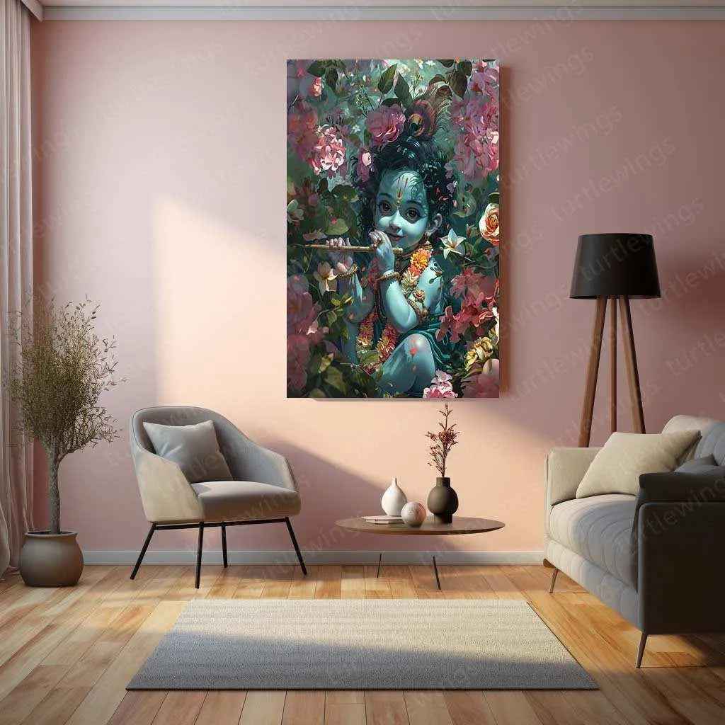 Baby Krishna Metal Poster – Divine and Adorable Hindu Art | Spiritual Wall Decor - TURTLEWINGS