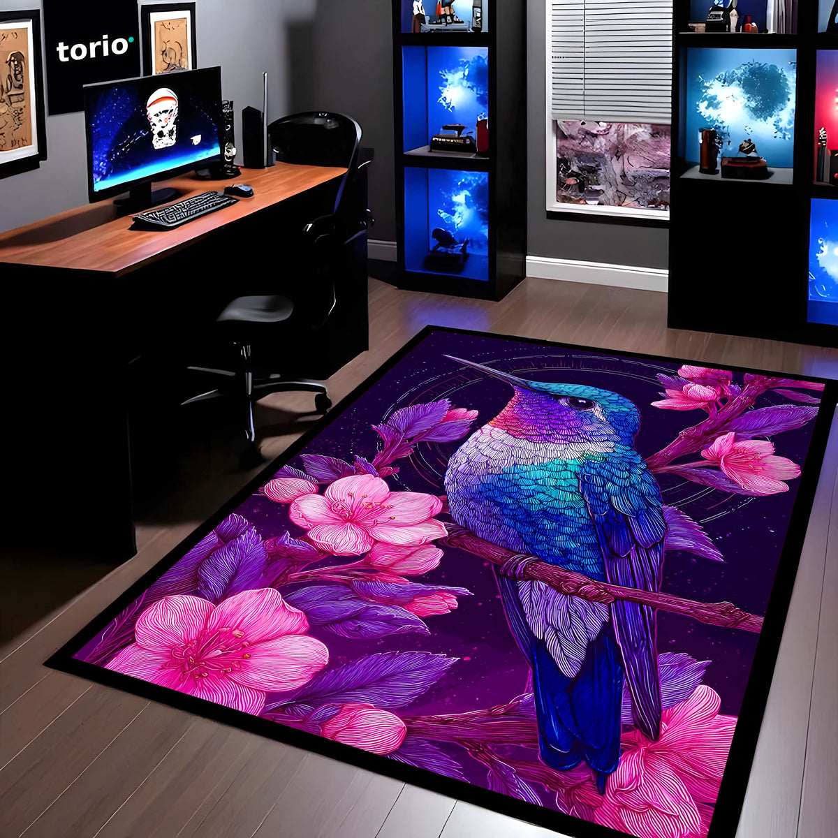 Vibrant Hummingbird Floral Floor Mat (3 mm Thick) | Aesthetic Bird Art Area Mat for Modern Bedroom & Artistic Home Decor