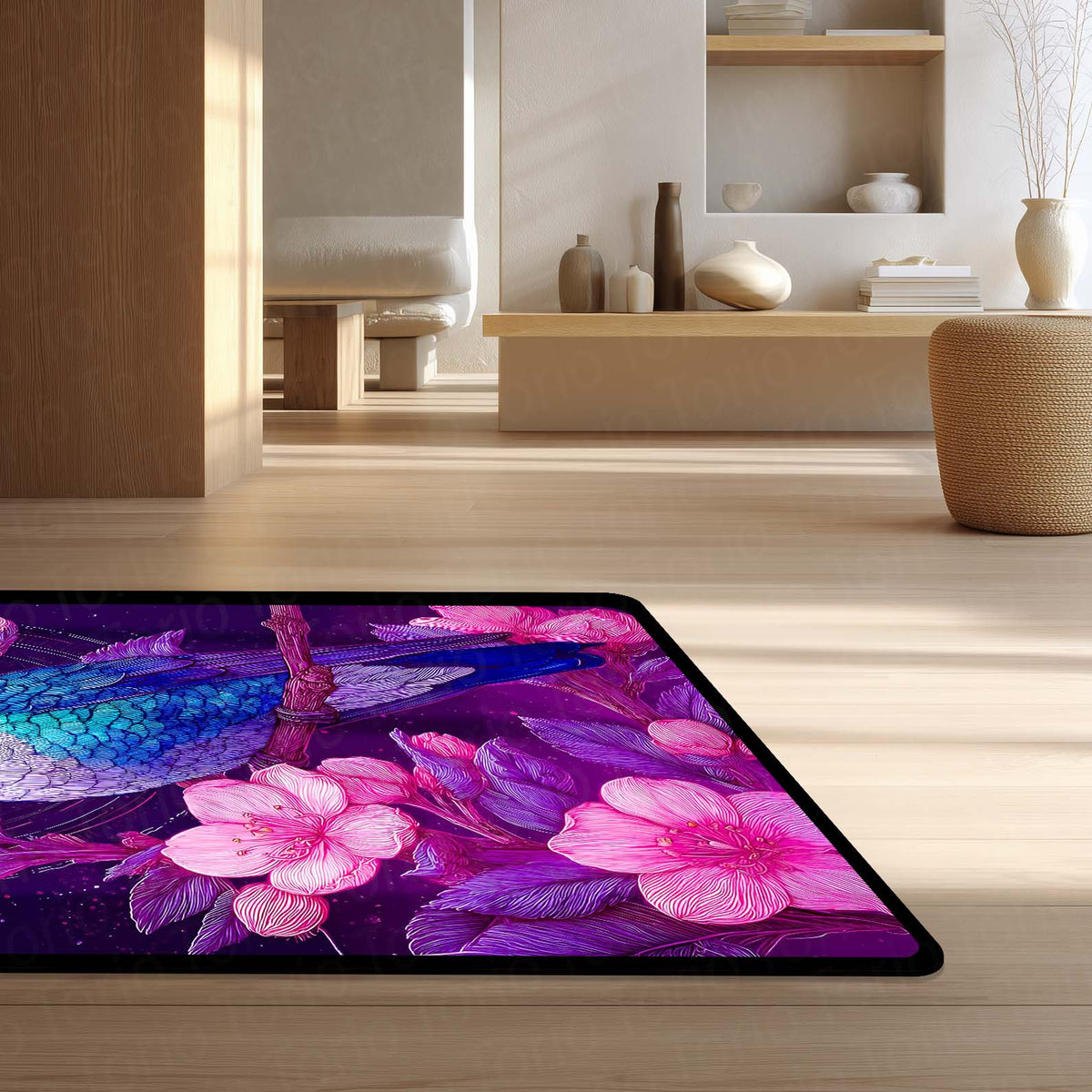 Vibrant Hummingbird Floral Floor Mat (3 mm Thick) | Aesthetic Bird Art Area Mat for Modern Bedroom & Artistic Home Decor