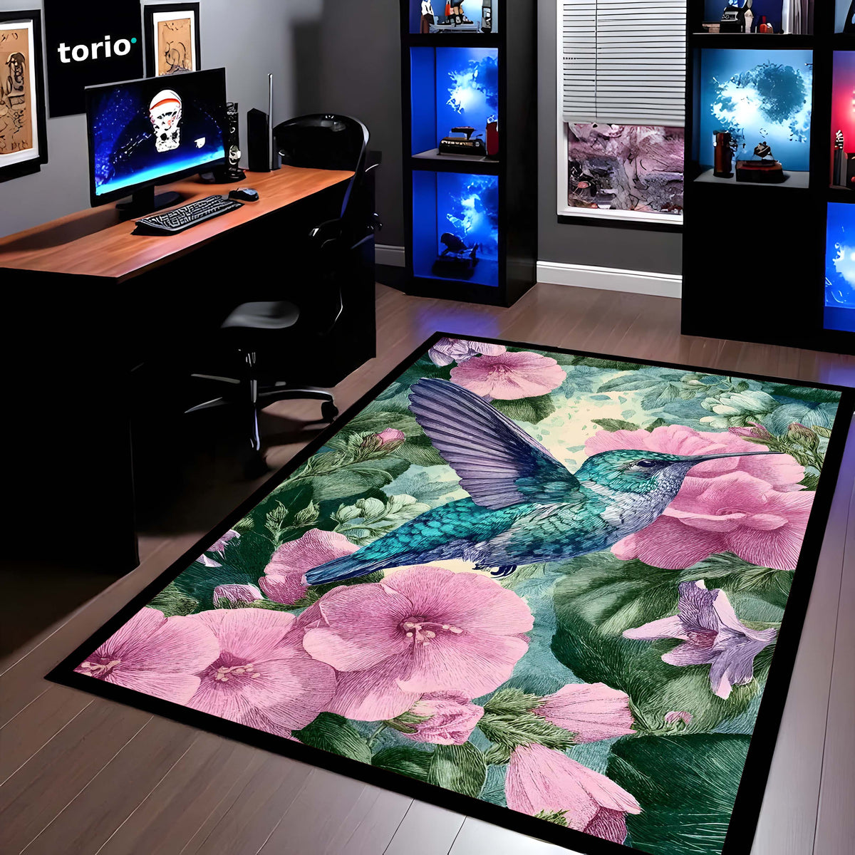 Vibrant Hummingbird Floral Floor Mat (3 mm Thick) | Aesthetic Bird Art Area Mat for & Modern Bedroom Artistic Home Decor 02