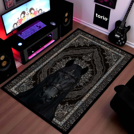 Black Royal Horse Area Flat Rug | Luxury Persian Style Floor Mat Carpet | Dark Aesthetic Horse Flat Rug for Bedroom, Living Room & Premium Home Decor