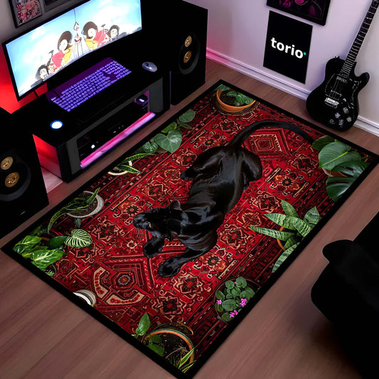 Black Panther Persian Style Area Flat Rug | Luxury Animal Floor Mat Carpet | Dark Aesthetic Wild Cat Flat Rug for Bedroom, Living Room & Premium Home Decor