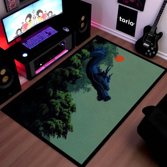 Japanese Blue Dragon Area Flat Rug | Mythical Dragon Floor Mat | Aesthetic Oriental Art Flat Rug for Bedroom, Gaming Room & Modern Home Decor