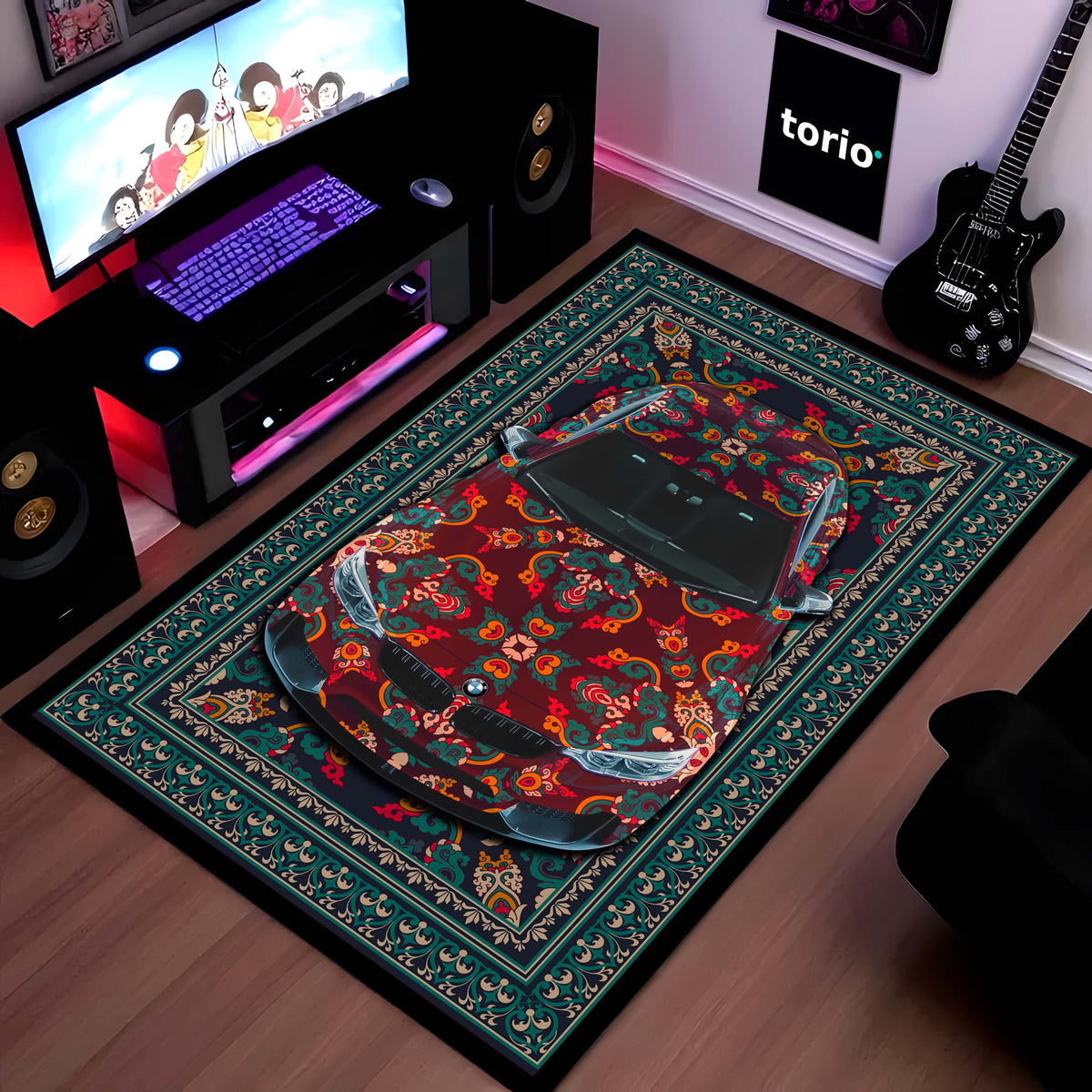 BMW M4 Front View Floor Mat | Persian Red Luxury Sports Coupe Flat Rug | Anti-Slip 3mm Absorbent Automotive Design Mat for Home, Office & Studio