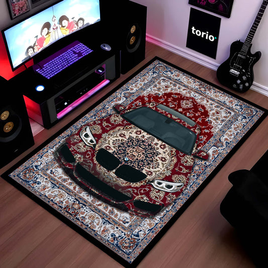 BMW M3 Front View Floor Mat | Red Persian Carpet Style Luxury Sports Car Flat Rug | Anti-Slip 3mm Absorbent Automotive Design Mat for Home, Office & Studio
