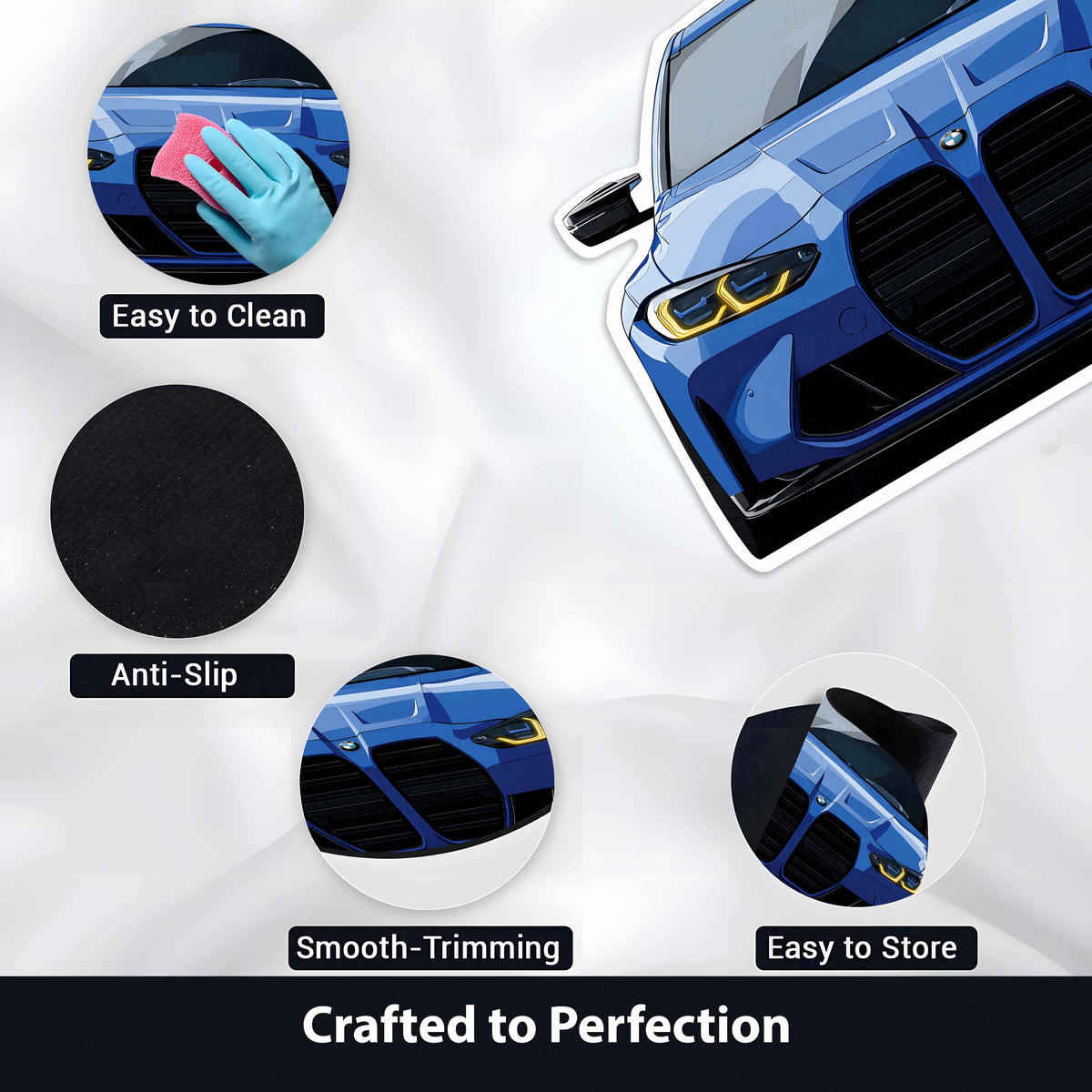 BMW M4 G82 Front Cutout Soft Flat Rug | Anti-Slip Washable Rubber Floor Mat for Bedroom, Living Room & Gaming Room