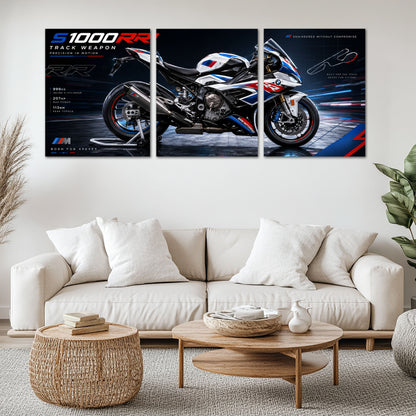 Bike Metal Poster Set of 3 | BMW S1000RR Track Weapon Racing Triptych Wall Art