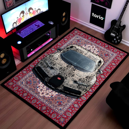 Bugatti Chiron Front View Floor Mat | Persian Carpet Style Hypercar Luxury Flat Rug | Anti-Slip 3mm Absorbent Supercar Design Mat for Home, Office & Studio