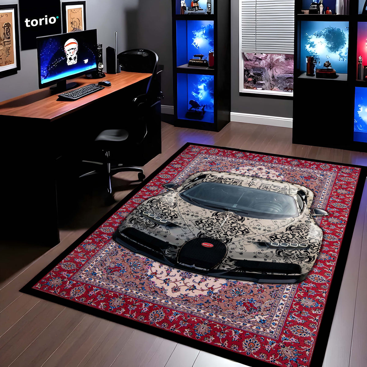 Bugatti Chiron Front View Floor Mat | Persian Carpet Style Hypercar Luxury Flat Rug | Anti-Slip 3mm Absorbent Supercar Design Mat for Home, Office & Studio