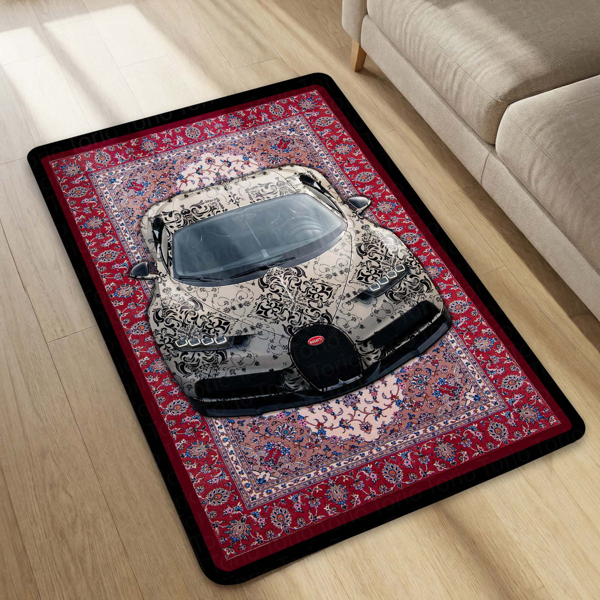 Bugatti Chiron Front View Floor Mat | Persian Carpet Style Hypercar Luxury Flat Rug | Anti-Slip 3mm Absorbent Supercar Design Mat for Home, Office & Studio