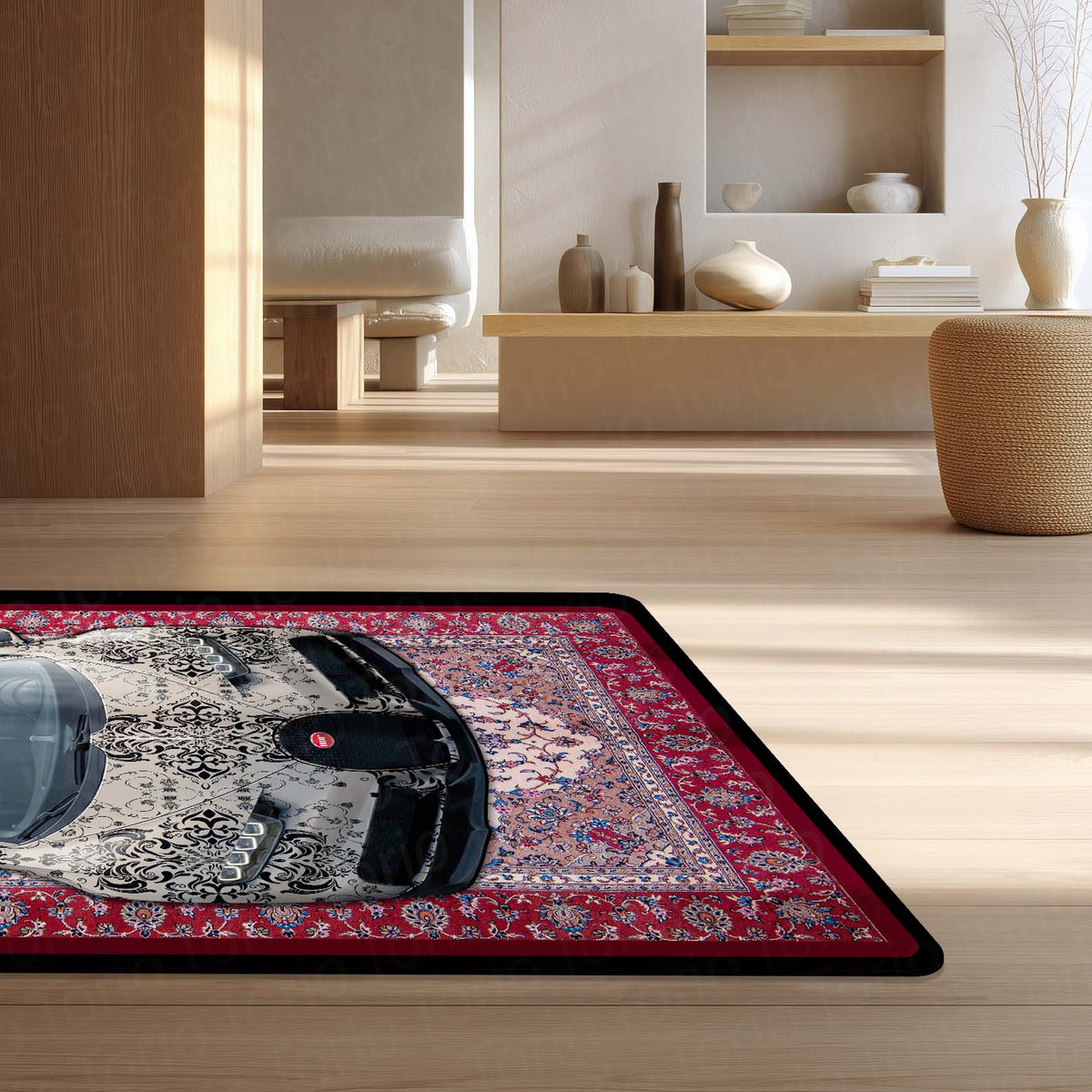 Bugatti Chiron Front View Floor Mat | Persian Carpet Style Hypercar Luxury Flat Rug | Anti-Slip 3mm Absorbent Supercar Design Mat for Home, Office & Studio