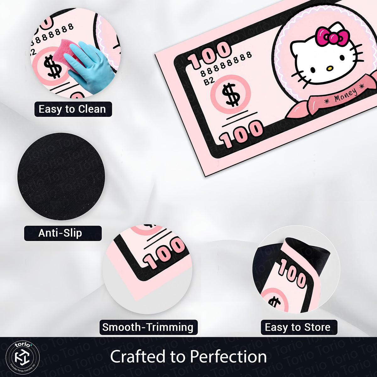 Hello Kitty Money Note Flat Rug | Cute Pink Currency-Inspired Bedroom Flat Rug for Kawaii Room & Gaming Decor