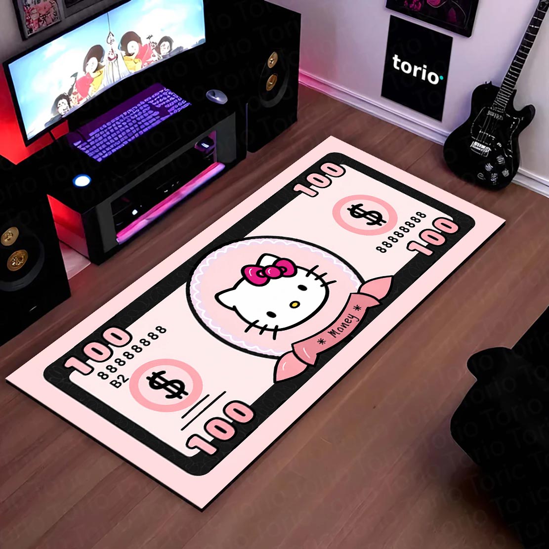 Hello Kitty Money Note Flat Rug | Cute Pink Currency-Inspired Bedroom Flat Rug for Kawaii Room & Gaming Decor