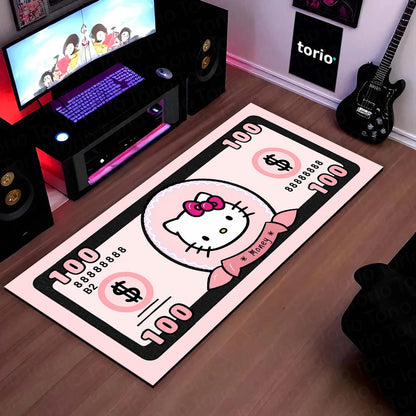 Hello Kitty Money Note Flat Rug | Cute Pink Currency-Inspired Bedroom Flat Rug for Kawaii Room & Gaming Decor