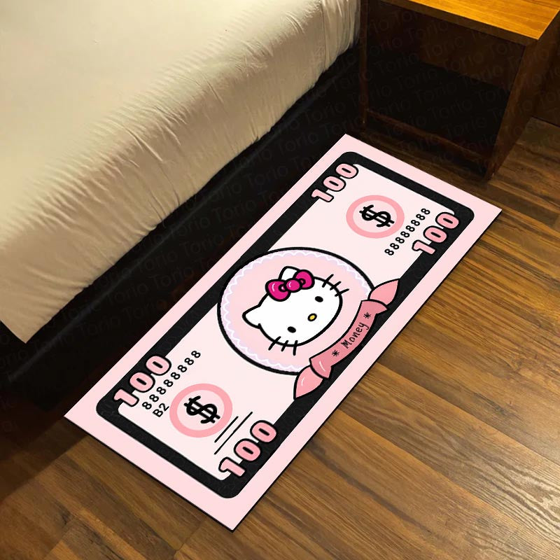 Hello Kitty Money Note Flat Rug | Cute Pink Currency-Inspired Bedroom Flat Rug for Kawaii Room & Gaming Decor