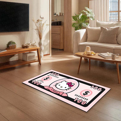 Hello Kitty Money Note Flat Rug | Cute Pink Currency-Inspired Bedroom Flat Rug for Kawaii Room & Gaming Decor