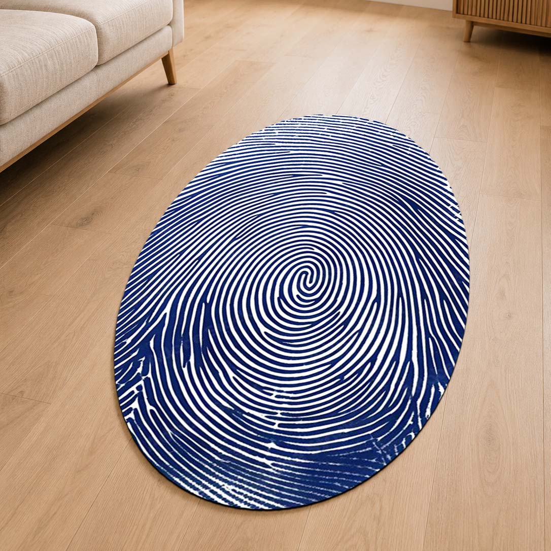 Blue Fingerprint Shape Flat Rug | Minimal Abstract Oval Area Flat Rug | Modern Biometric Line Art Flat Rug for Living Room, Bedroom & Office