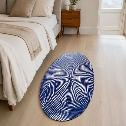Blue Fingerprint Shape Flat Rug | Minimal Abstract Oval Area Flat Rug | Modern Biometric Line Art Flat Rug for Living Room, Bedroom & Office