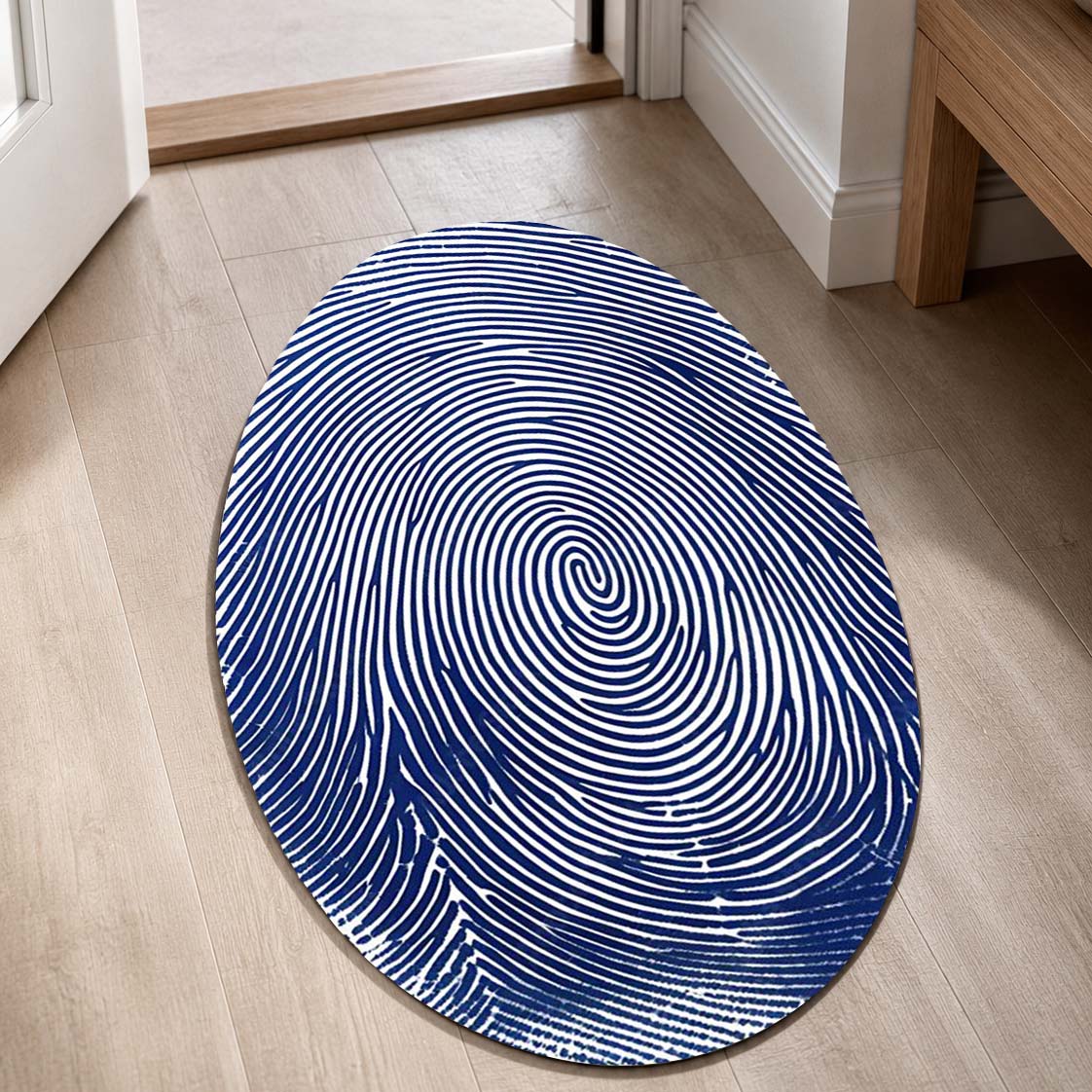 Blue Fingerprint Shape Flat Rug | Minimal Abstract Oval Area Flat Rug | Modern Biometric Line Art Flat Rug for Living Room, Bedroom & Office