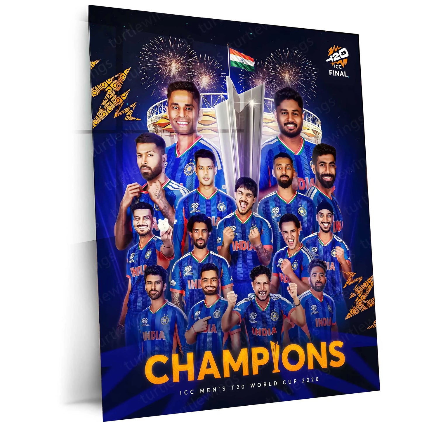 Cricket Metal Frame | Team India Champions Metal Poster | ICC Men's T20 World Cup 2026 Victory Wall Art | Cricket Team Celebration Metal Frame - TURTLEWINGS