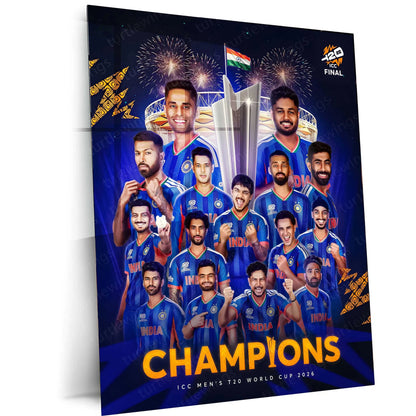 Cricket Metal Frame | Team India Champions Metal Poster | ICC Men's T20 World Cup 2026 Victory Wall Art | Cricket Team Celebration Metal Frame - TURTLEWINGS