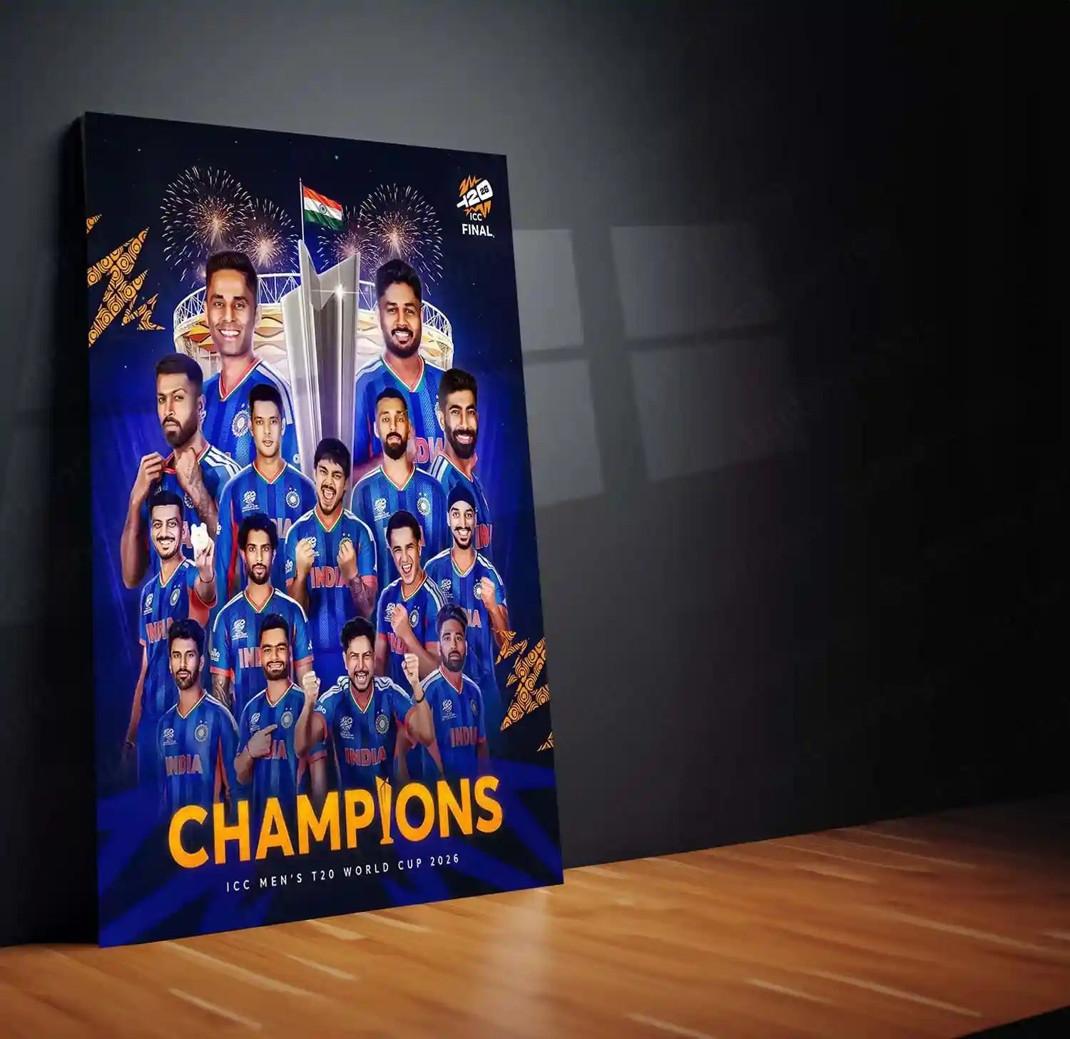 Cricket Metal Frame | Team India Champions Metal Poster | ICC Men's T20 World Cup 2026 Victory Wall Art | Cricket Team Celebration Metal Frame - TURTLEWINGS