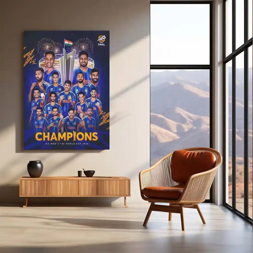 Cricket Metal Frame | Team India Champions Metal Poster | ICC Men's T20 World Cup 2026 Victory Wall Art | Cricket Team Celebration Metal Frame - TURTLEWINGS