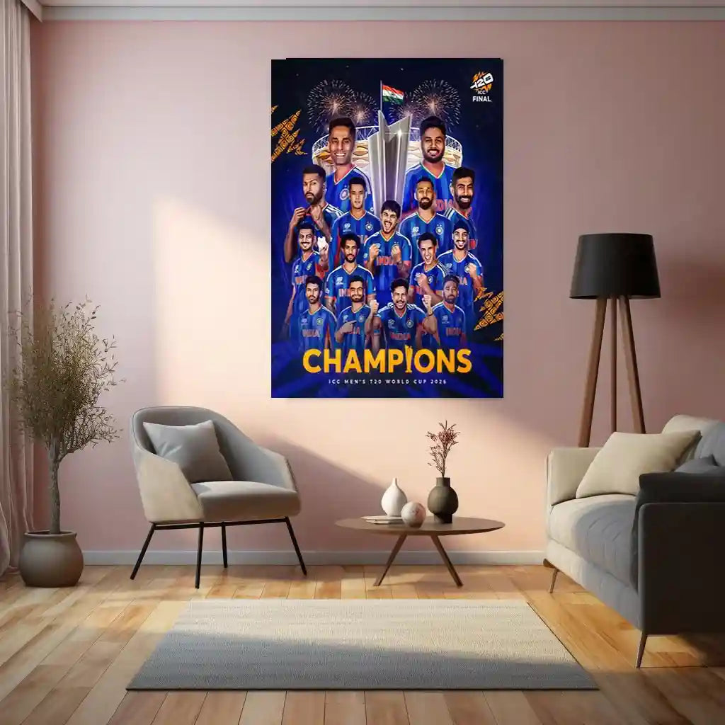 Cricket Metal Frame | Team India Champions Metal Poster | ICC Men's T20 World Cup 2026 Victory Wall Art | Cricket Team Celebration Metal Frame - TURTLEWINGS