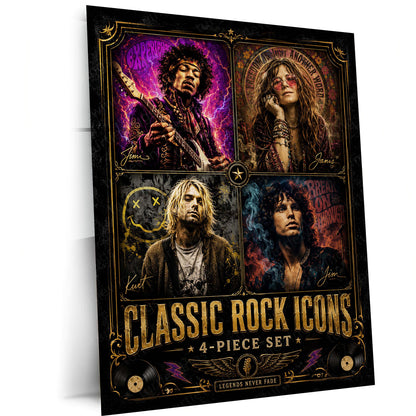 Classic Rock Icons – 4 Piece Set | Vintage Rock Legends Metal Frame | Retro Music Wall Art by TurtleWings