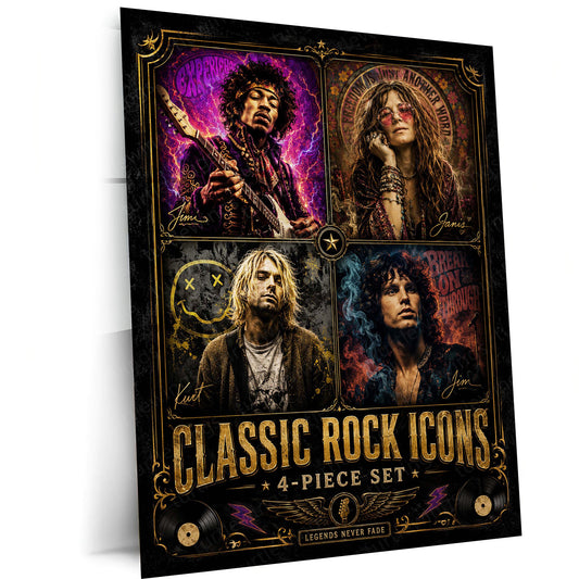 Classic Rock Icons – 4 Piece Set | Vintage Rock Legends Metal Frame | Retro Music Wall Art by TurtleWings