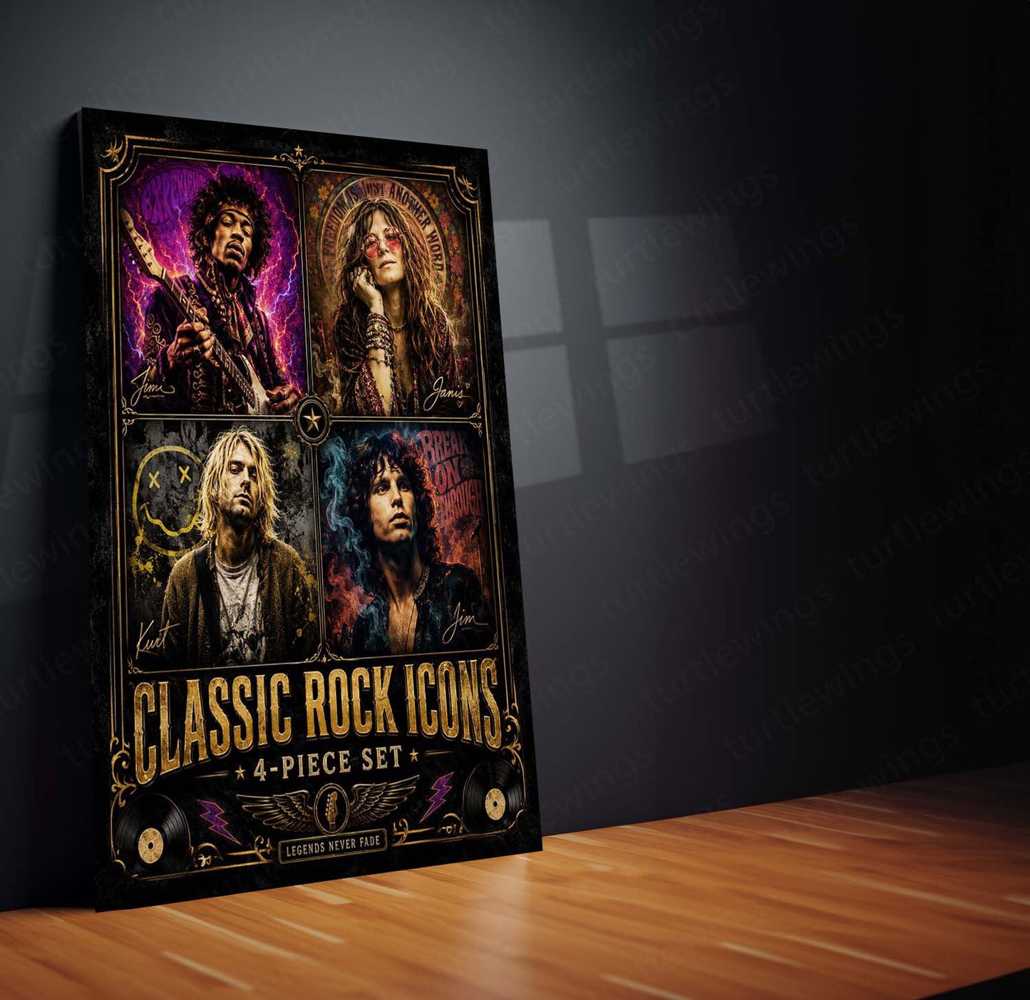 Classic Rock Icons – 4 Piece Set | Vintage Rock Legends Metal Frame | Retro Music Wall Art by TurtleWings