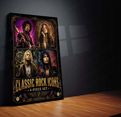 Classic Rock Icons – 4 Piece Set | Vintage Rock Legends Metal Frame | Retro Music Wall Art by TurtleWings