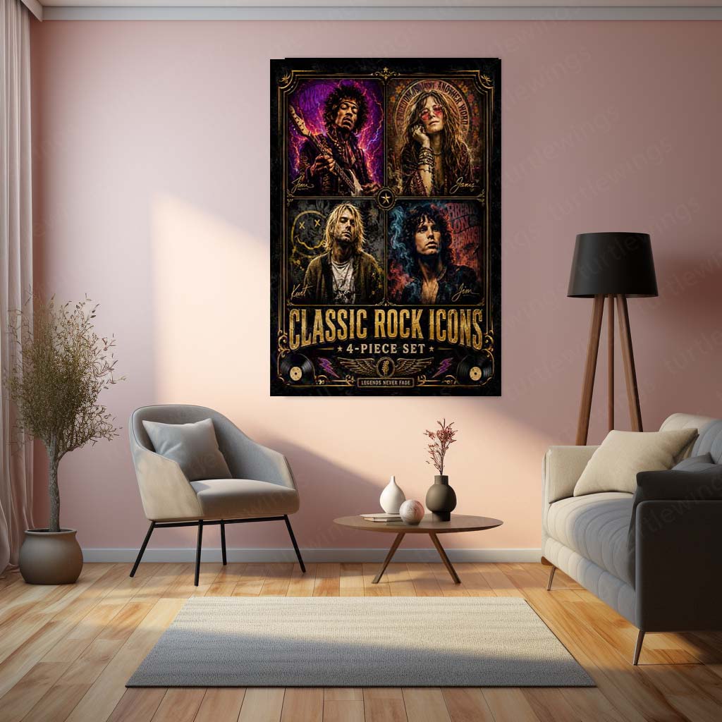 Classic Rock Icons – 4 Piece Set | Vintage Rock Legends Metal Frame | Retro Music Wall Art by TurtleWings