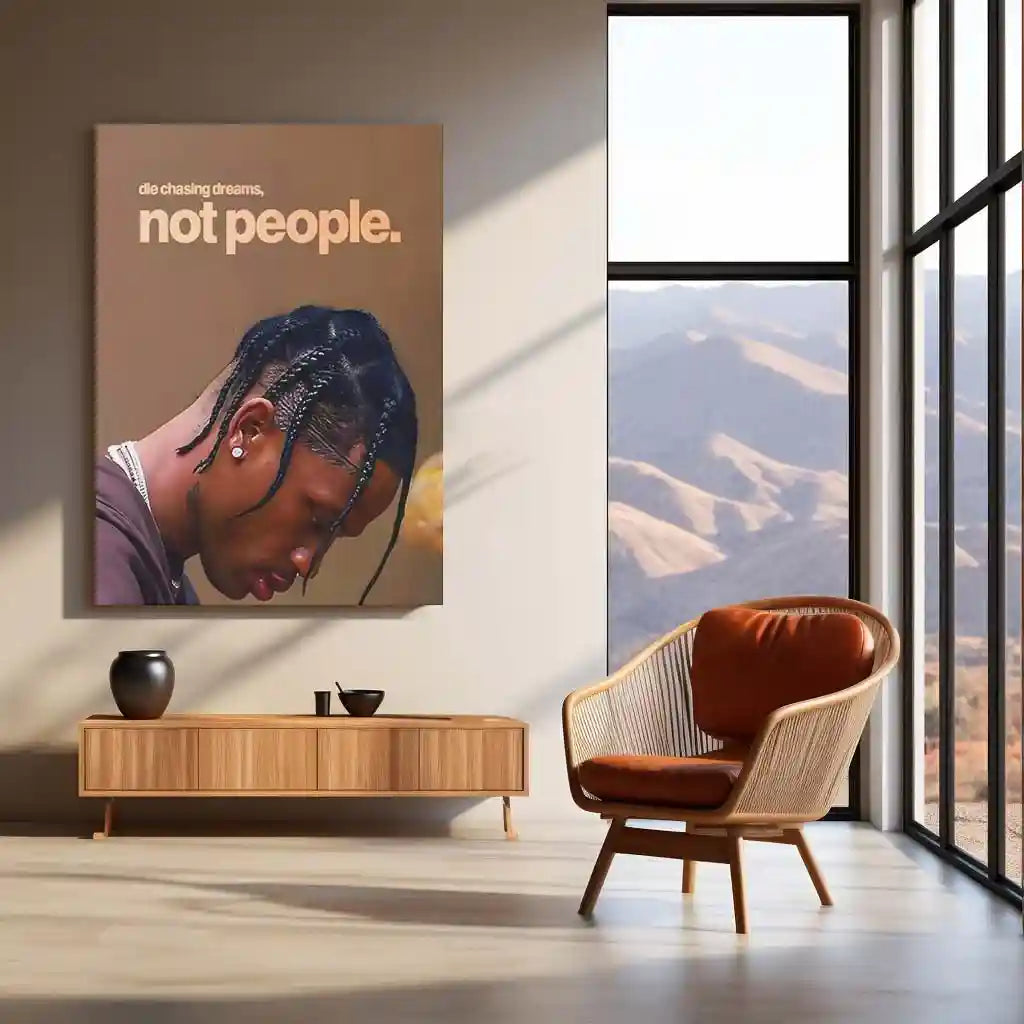 Quote Metal Poster | Travis Scott – Die Chasing Dreams, Not People Metal Frame Independent Hustle & Vision-First Mindset Hip-Hop Wall Art | Modern Motivation Quote Metal Poster - TURTLEWINGS 