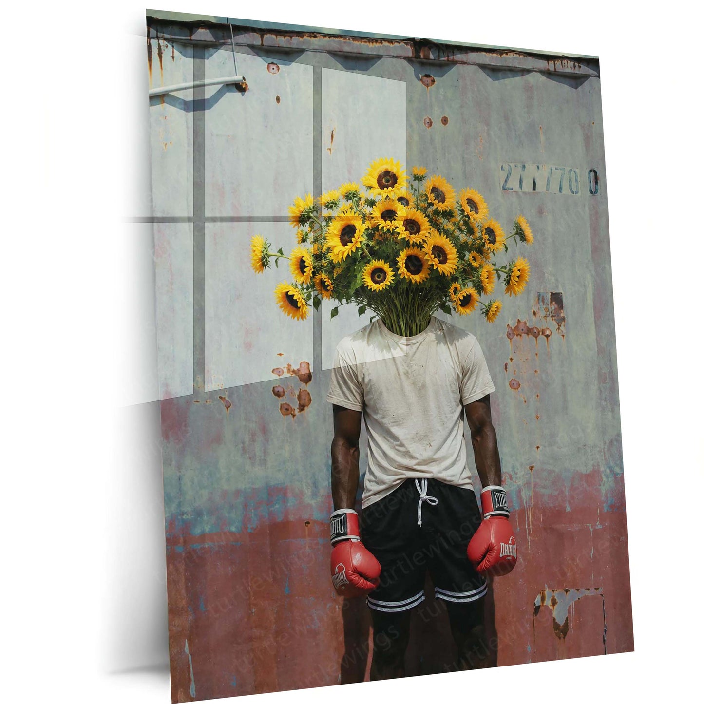 Sunflower Boxer Surreal Metal Poster | Floral Fighter Aesthetic Wall Art | Contemporary Artistic Metal Print