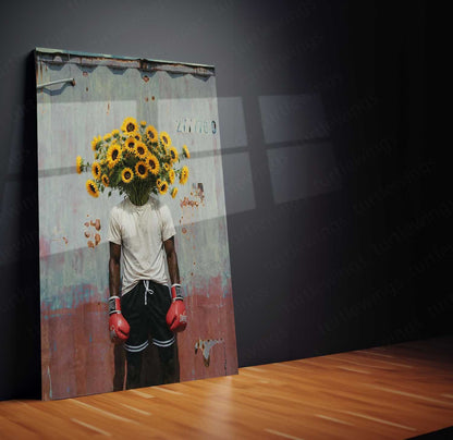 Sunflower Boxer Surreal Metal Poster | Floral Fighter Aesthetic Wall Art | Contemporary Artistic Metal Print